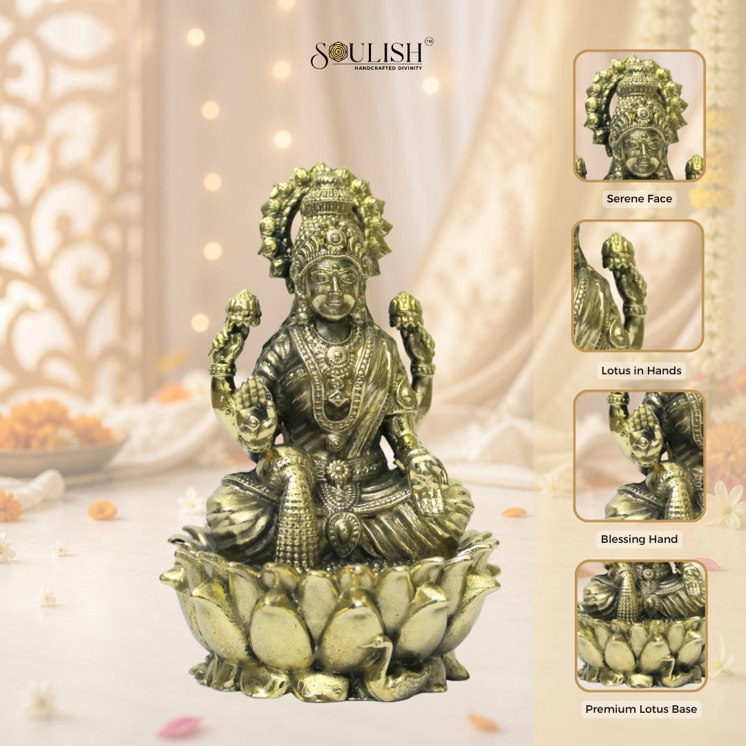 Lakshmi on lotus with swan brass idol