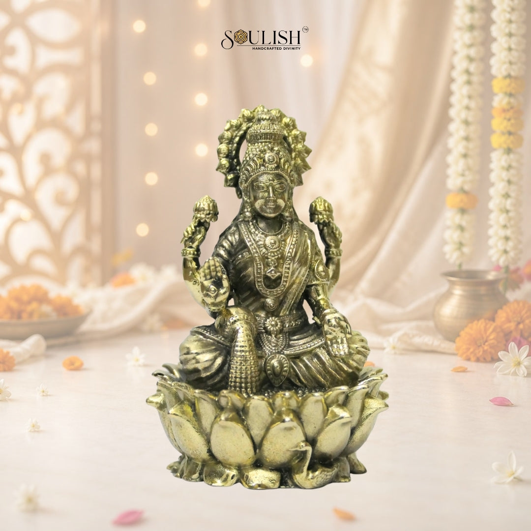 Lakshmi on lotus with swan brass idol