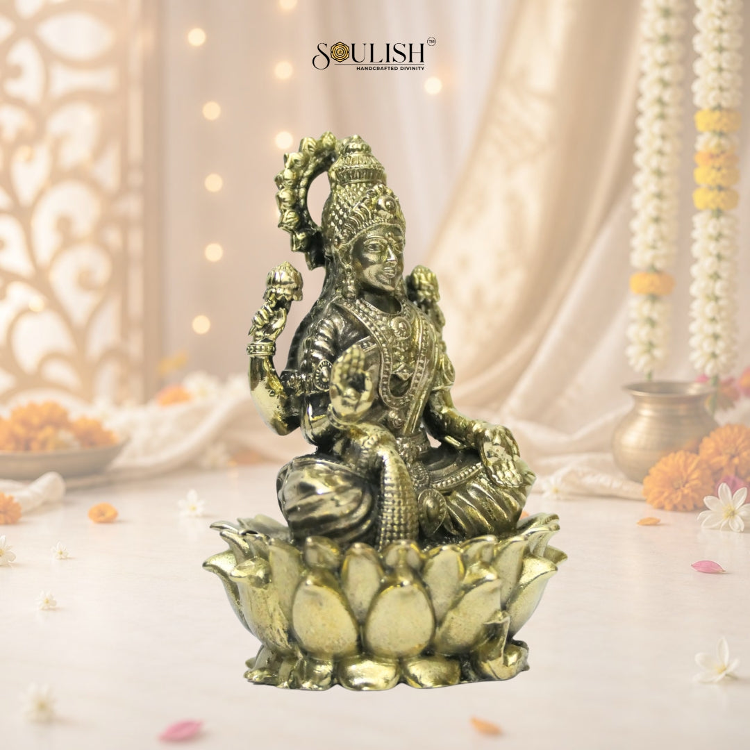 Lakshmi on lotus with swan brass idol