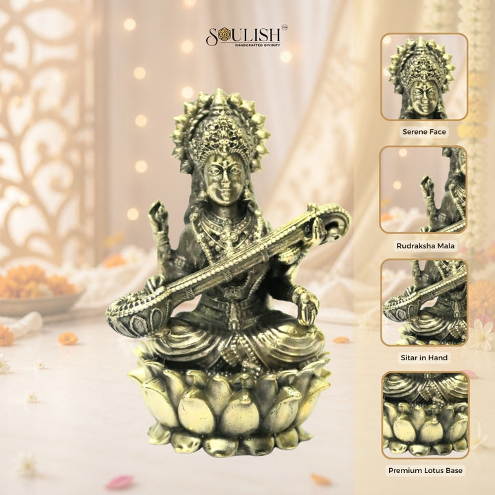 Saraswati on Lotus Brass Idol