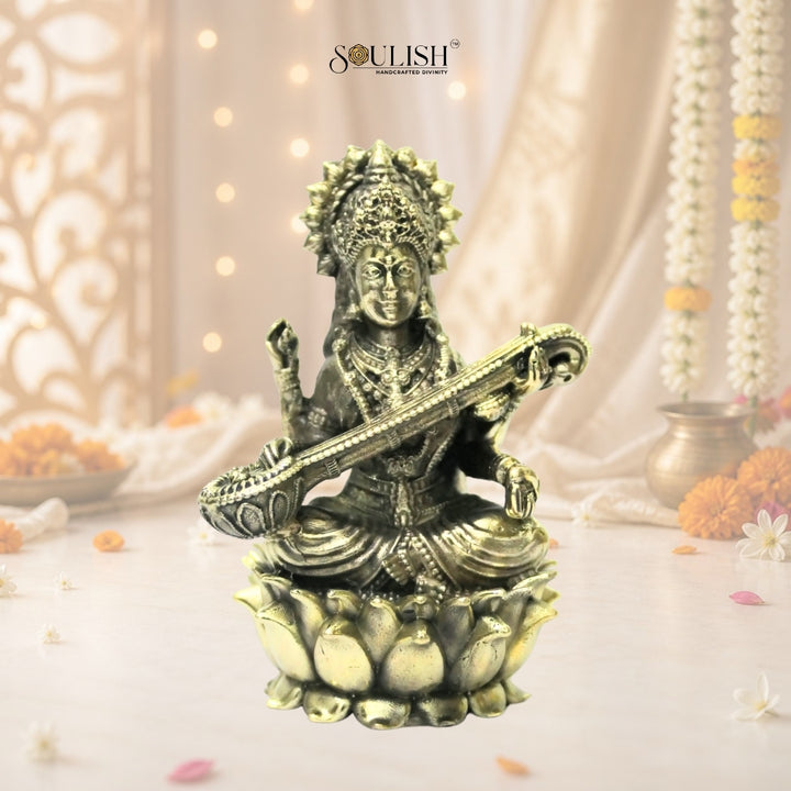 Saraswati on Lotus Brass Idol