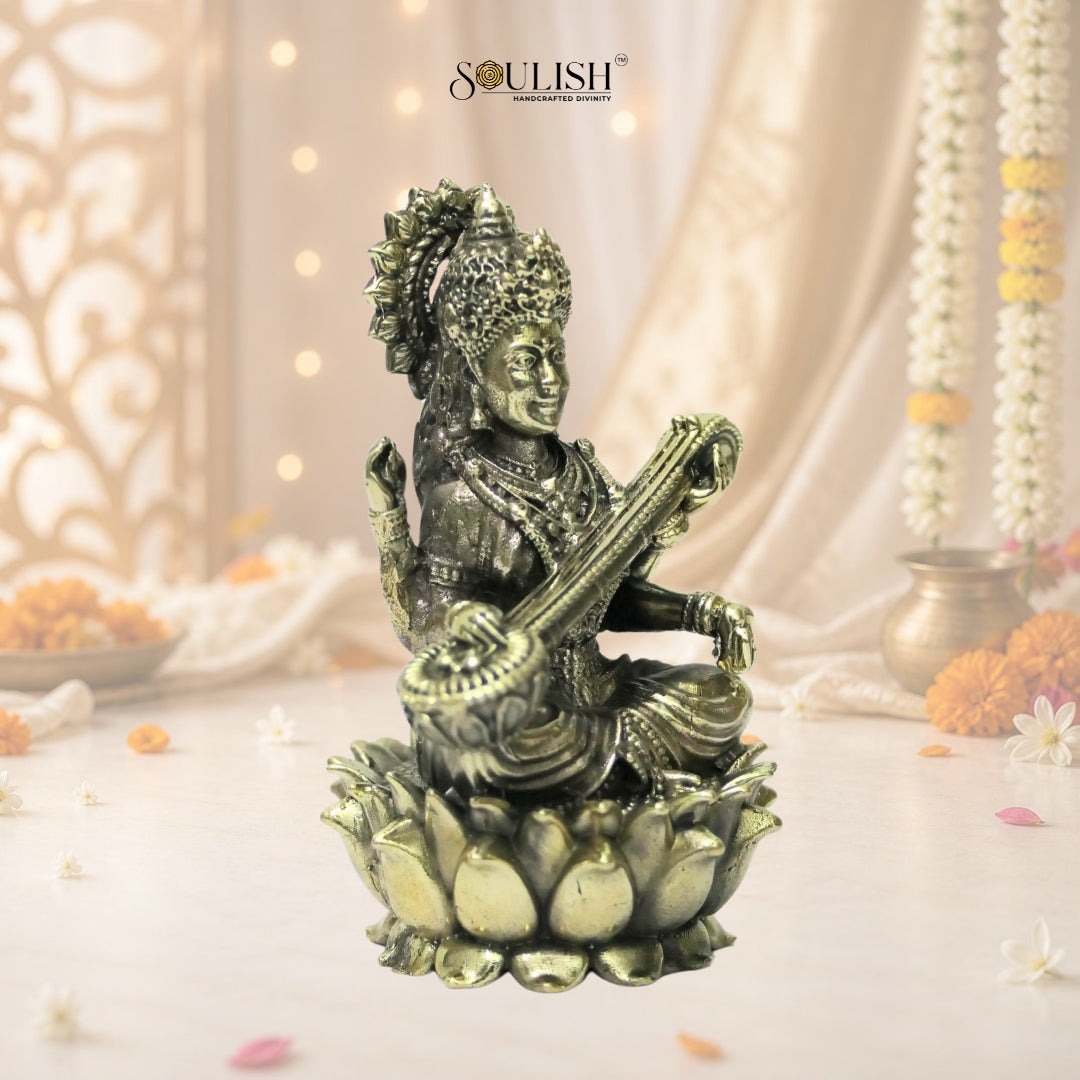 Saraswati on Lotus Brass Idol