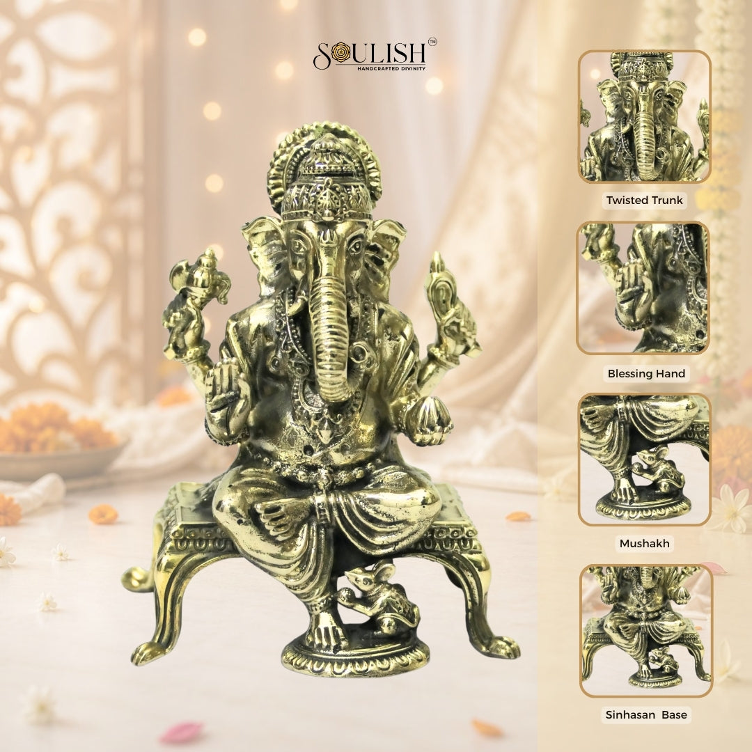 Ganesha Sitting on Sinhasan Brass Idol