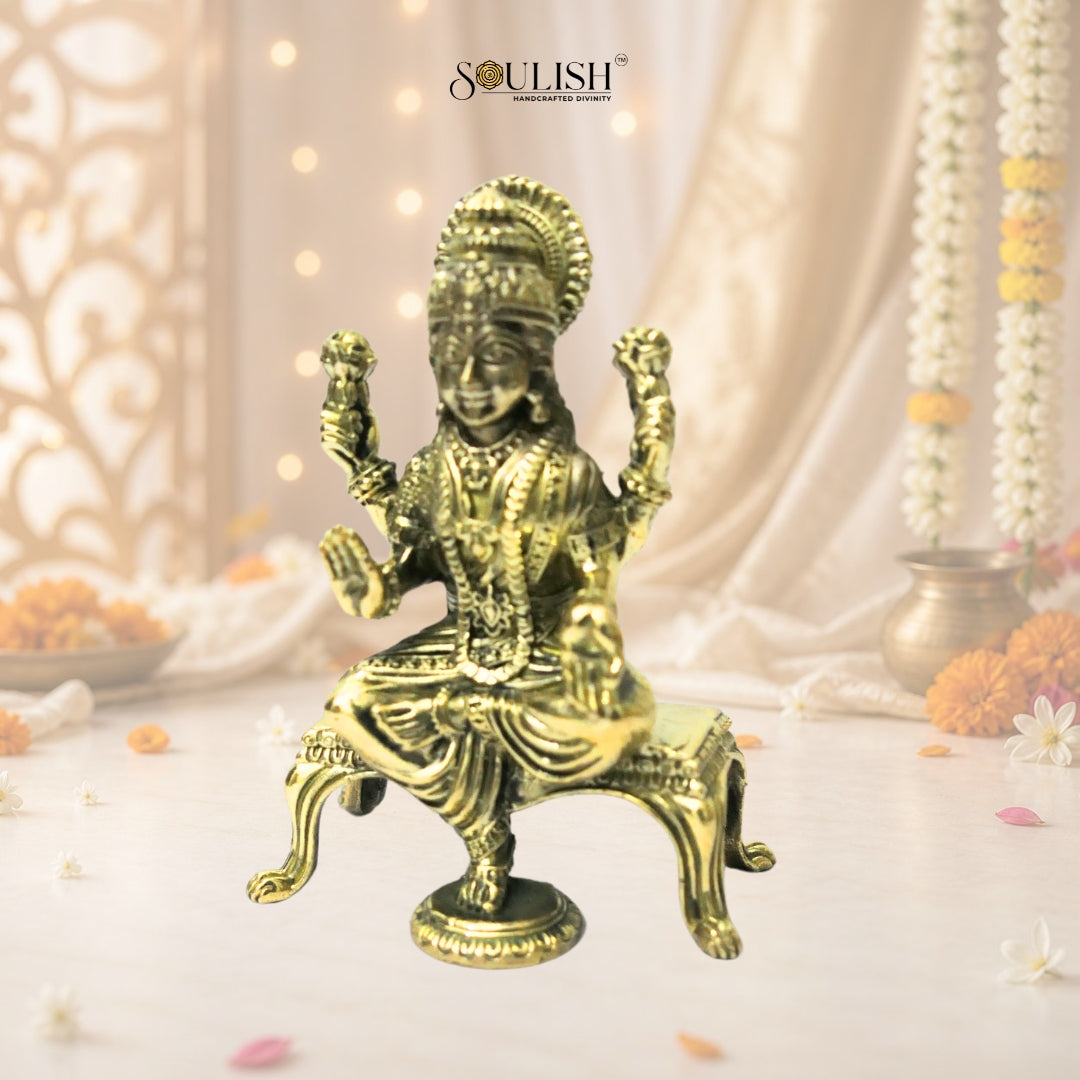 Lakshmi Sitting on Sinhasan Brass Idol
