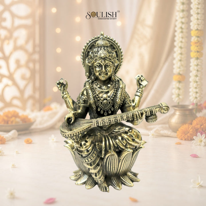 Saraswati on Lotus Playing Sitar Brass Idol