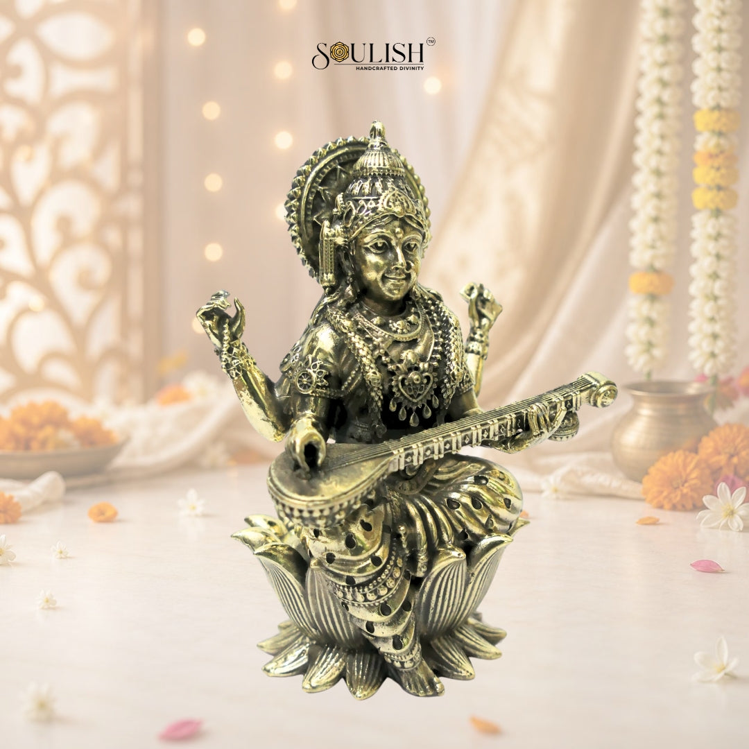 Saraswati on Lotus Playing Sitar Brass Idol