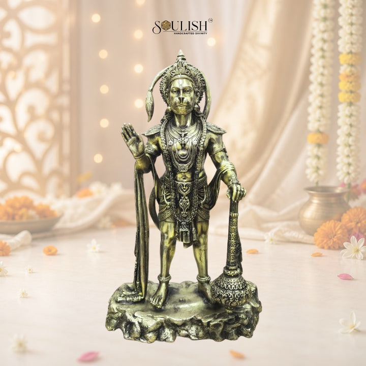 Lord Hanuman Standing on Stone Brass Idol | Handcrafted Brass Murti for Home Temple, Pooja & Spiritual Decor