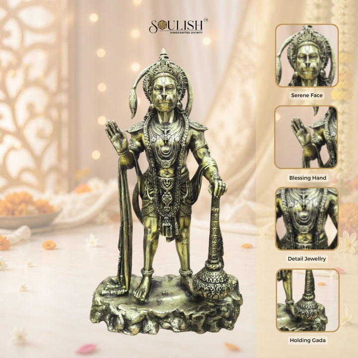 Lord Hanuman Standing on Stone Brass Idol | Handcrafted Brass Murti for Home Temple, Pooja & Spiritual Decor