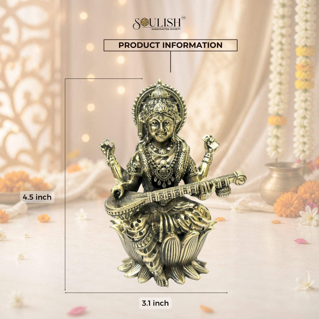 Saraswati on Lotus Playing Sitar Brass Idol