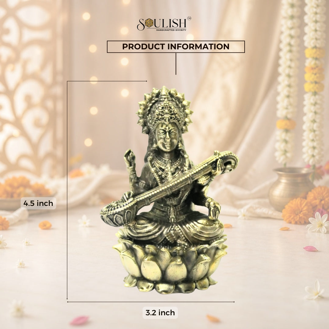 Saraswati on Lotus Brass Idol