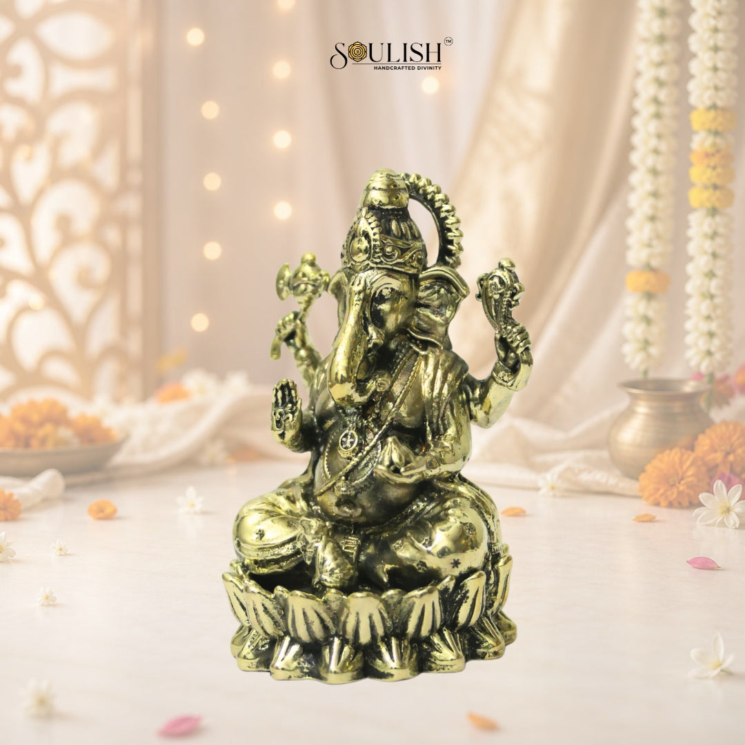 Lord Ganesha on Lotus Brass Idol – Auspicious Spiritual Home Décor