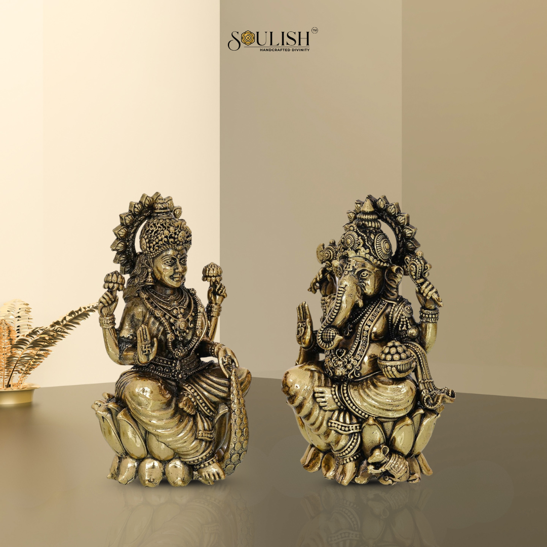 Brass Maa Laxmi Ganesha Sitting on Kamal Idol Set
