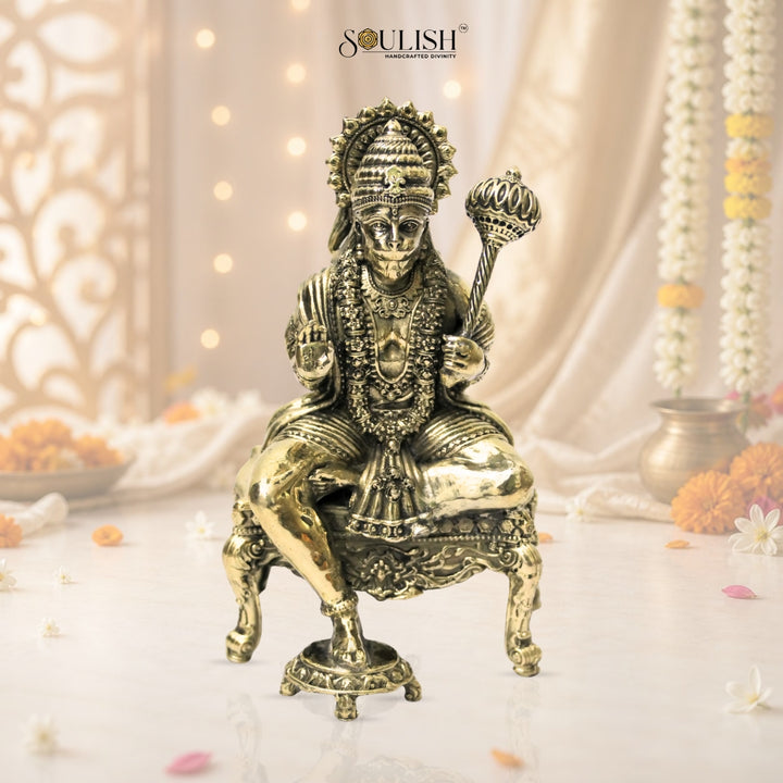 Lord Hanuman Seated on Diwan Brass Idol – Strength & Devotion Home Décor