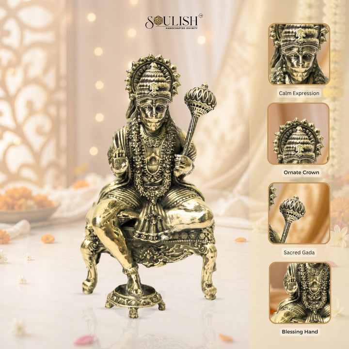 Lord Hanuman Seated on Diwan Brass Idol – Strength & Devotion Home Décor