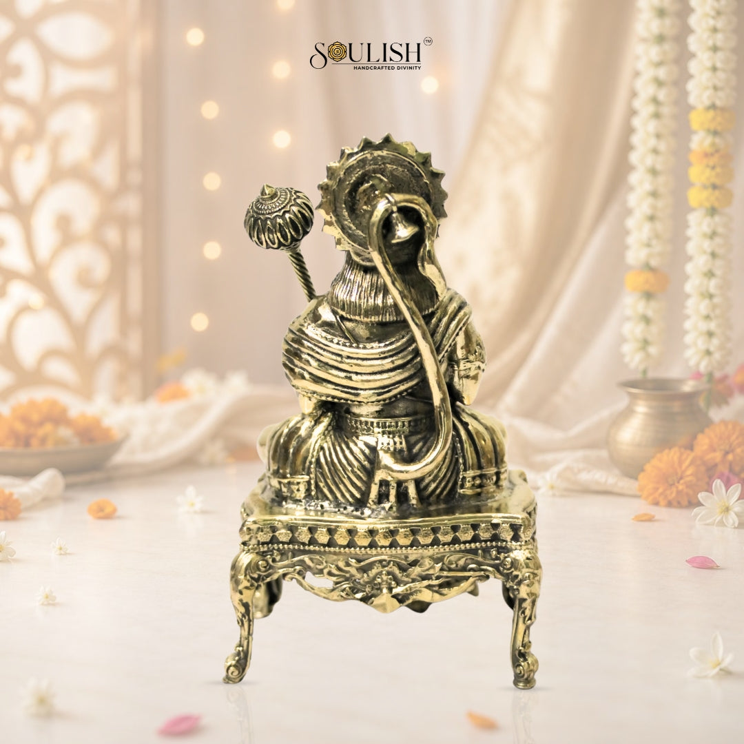 Lord Hanuman Seated on Diwan Brass Idol – Strength & Devotion Home Décor