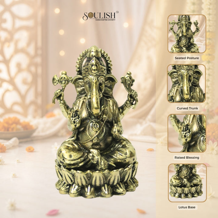 Lord Ganesha on Lotus Brass Idol – Auspicious Spiritual Home Décor