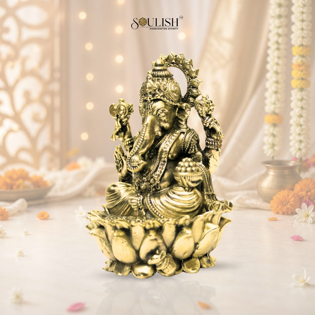 Lord Ganesha on Lotus Brass Idol – Auspicious Spiritual Home Décor