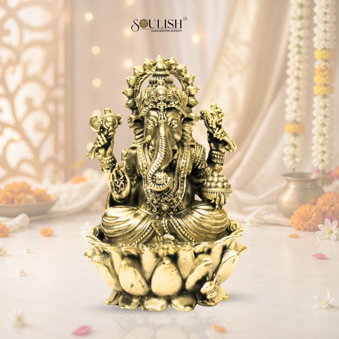 Lord Ganesha on Lotus Brass Idol – Auspicious Spiritual Home Décor